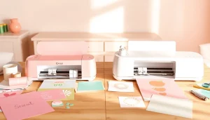 Silhouette vs Cricut comparison with crafting materials on a table.