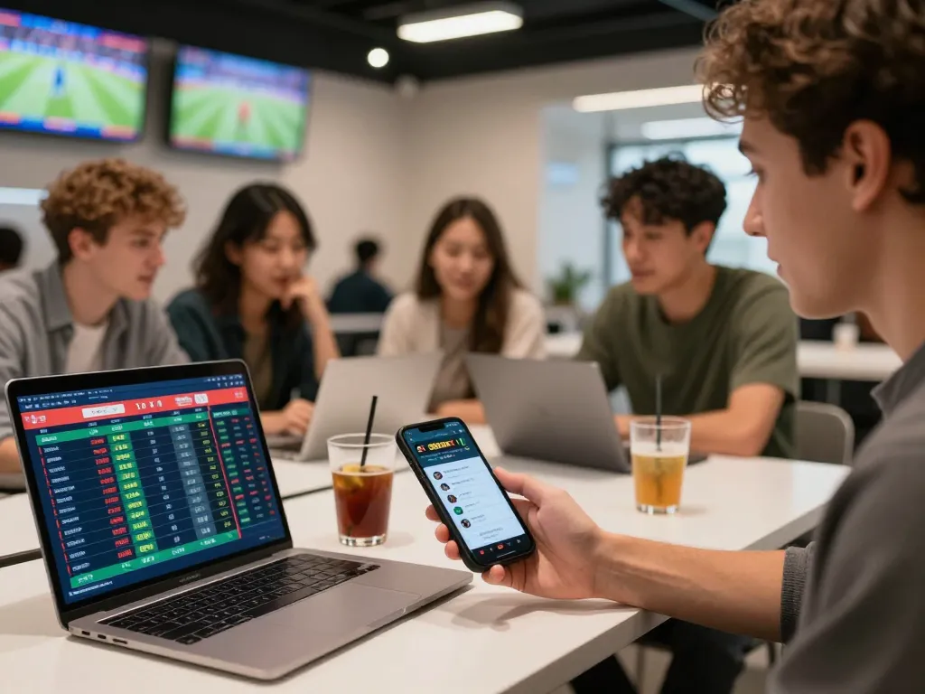 Pengguna SBOBET terlibat dalam kegembiraan taruhan olahraga langsung, smartphone menampilkan odds taruhan di pengaturan modern