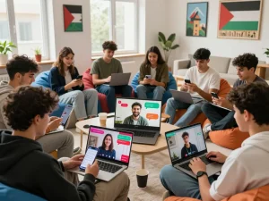 Engaging شات فلسطين chat scene with Palestinian youth connecting online.