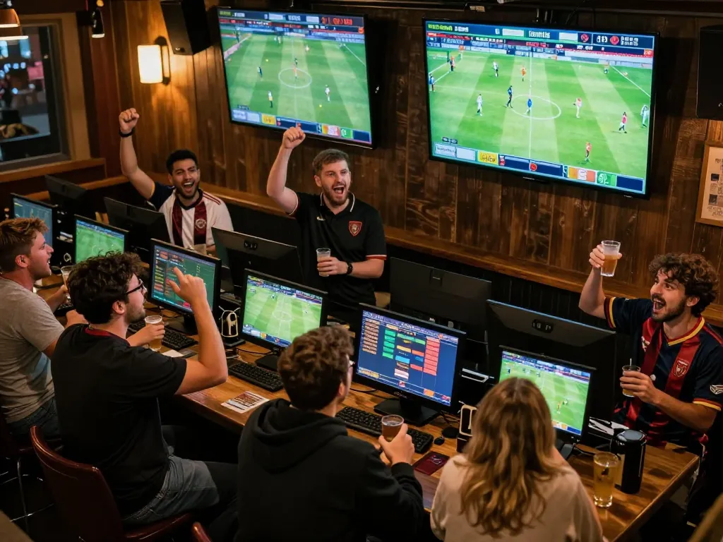 Socolive live sports betting atmosphere with fans cheering and screens showing matches.