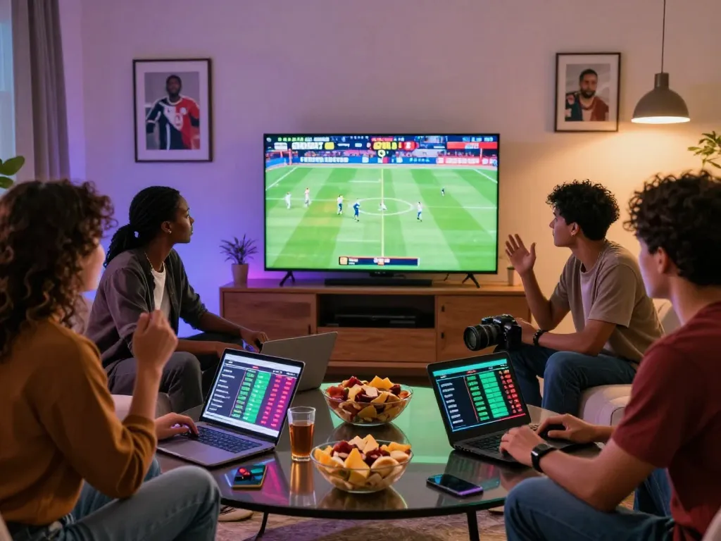 SBOBET sports betting scene with friends gathering around a live match, engaging in online betting.