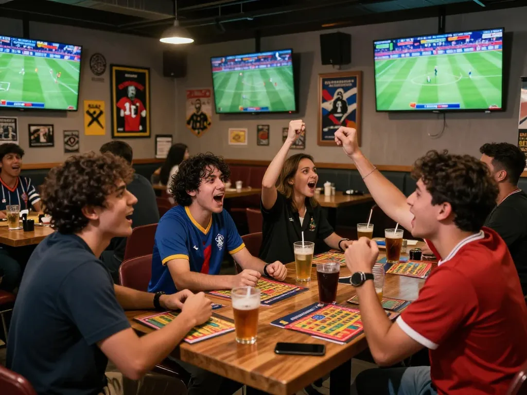 Sekelompok teman yang terlibat dengan antusias dalam taruhan olahraga Judi Bola di sebuah bar olahraga yang ramai.
