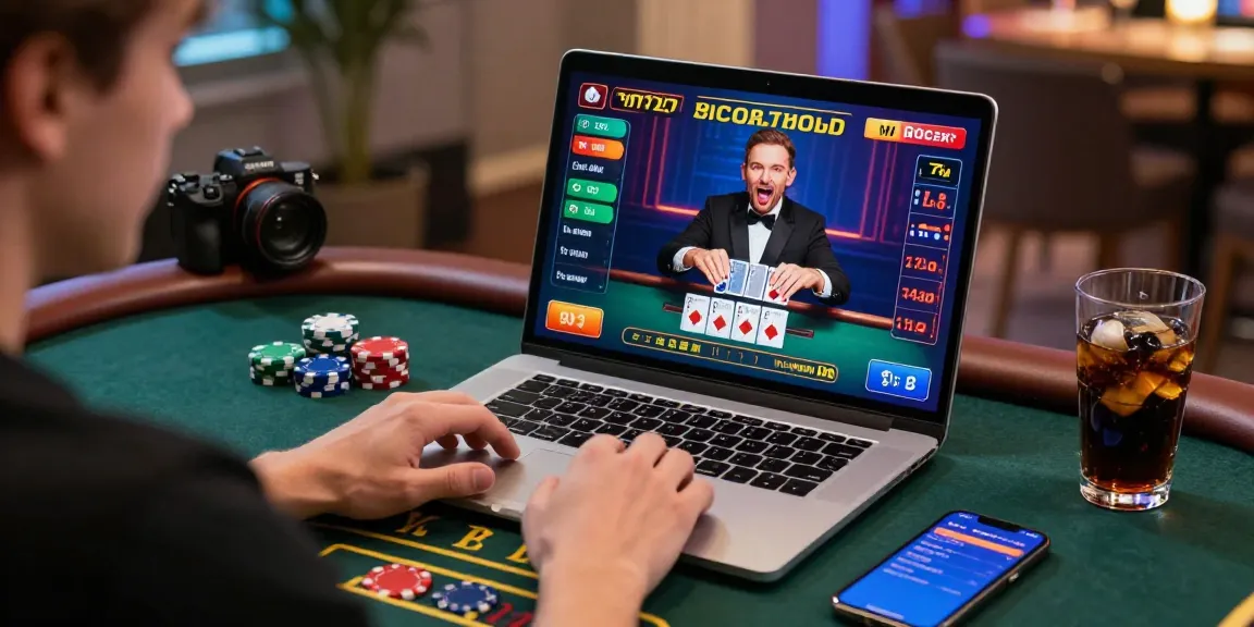 Experience exciting บาคาร่าออนไลน์ gameplay with a player at a laptop, high-tech graphics, and cozy gaming ambiance.