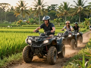 Bali tour packages featuring travelers on an exciting ATV adventure in lush jungles and rice fields.