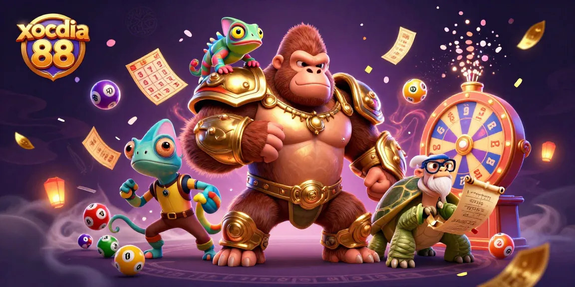 Xocdia 88 showcases a dynamic online gambling scene featuring vibrant game elements and energetic characters.