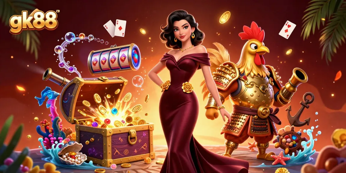 Engage with thrilling gk88 casino adventures, featuring glamorous characters amidst vibrant gaming elements.