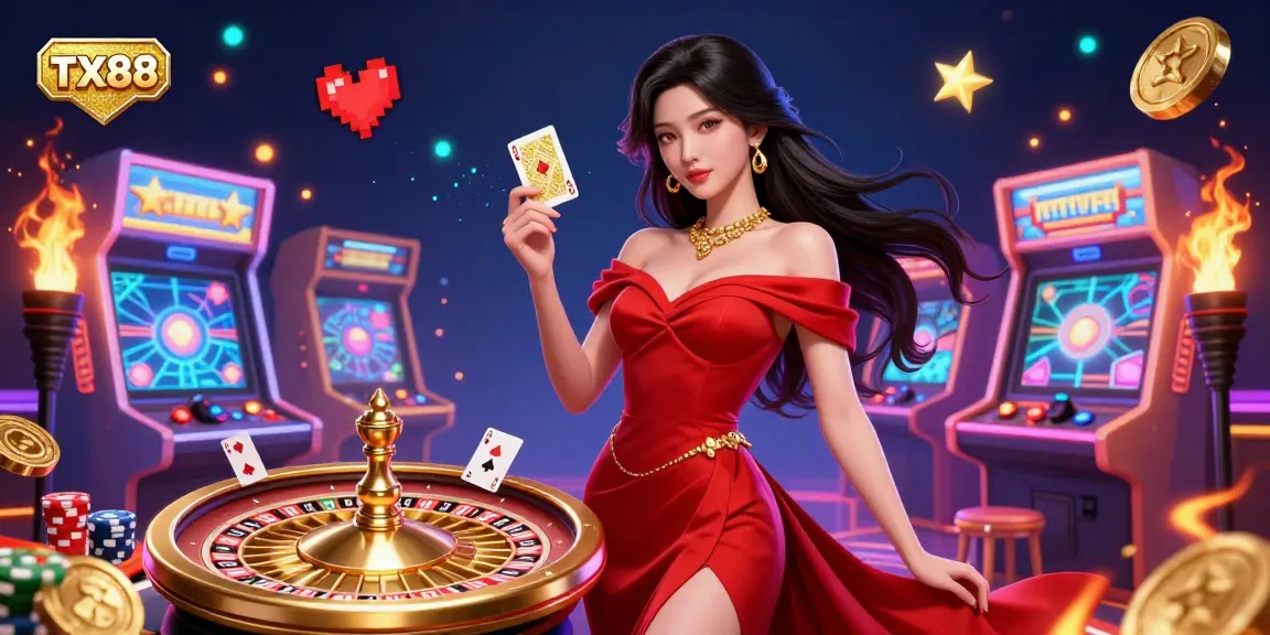 Experience the excitement of gaming with TX88, featuring a confident woman by a roulette wheel and vibrant casino elements.