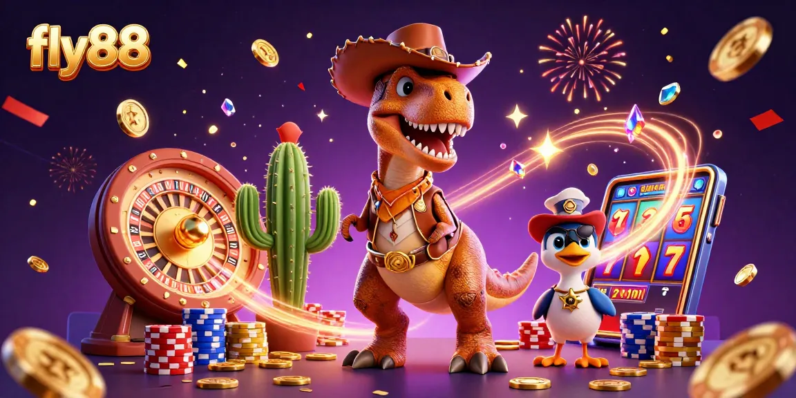 Spin and win big with fly88 in this vibrant 3D casino-themed digital illustration showcasing exciting gaming elements.