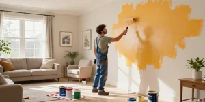 Professional applying painting services in a vibrant living room makeover.