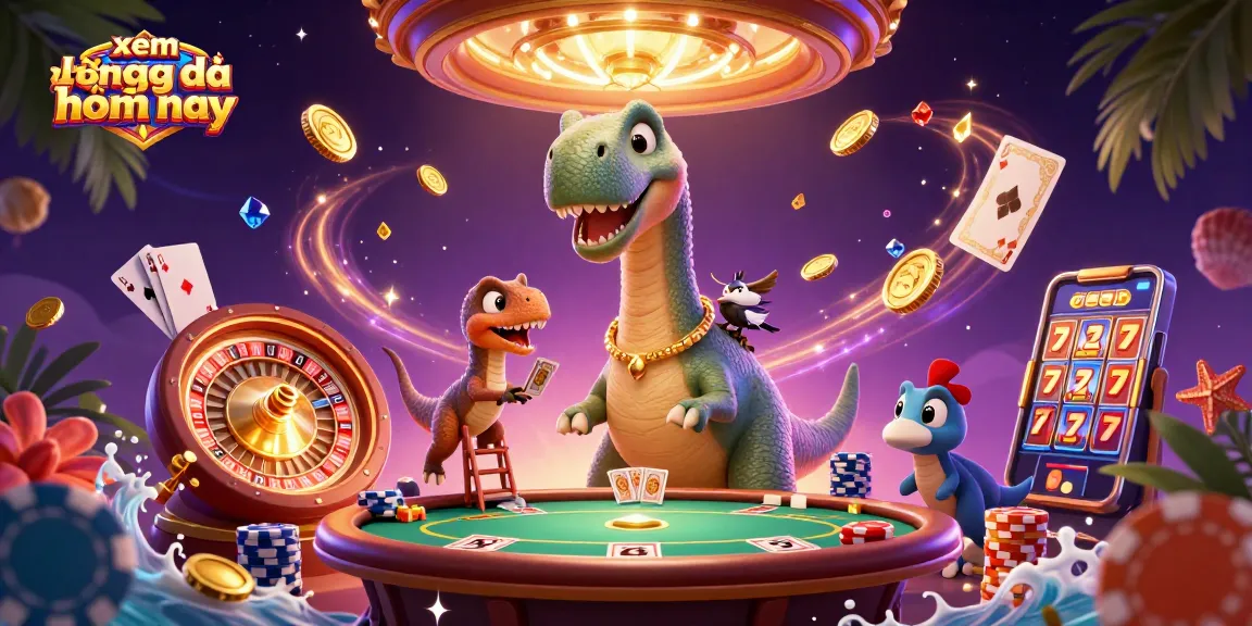 Xem bóng đá trực tiếp hôm nay with vibrant casino elements featuring a tall brontosaurus in 3D.