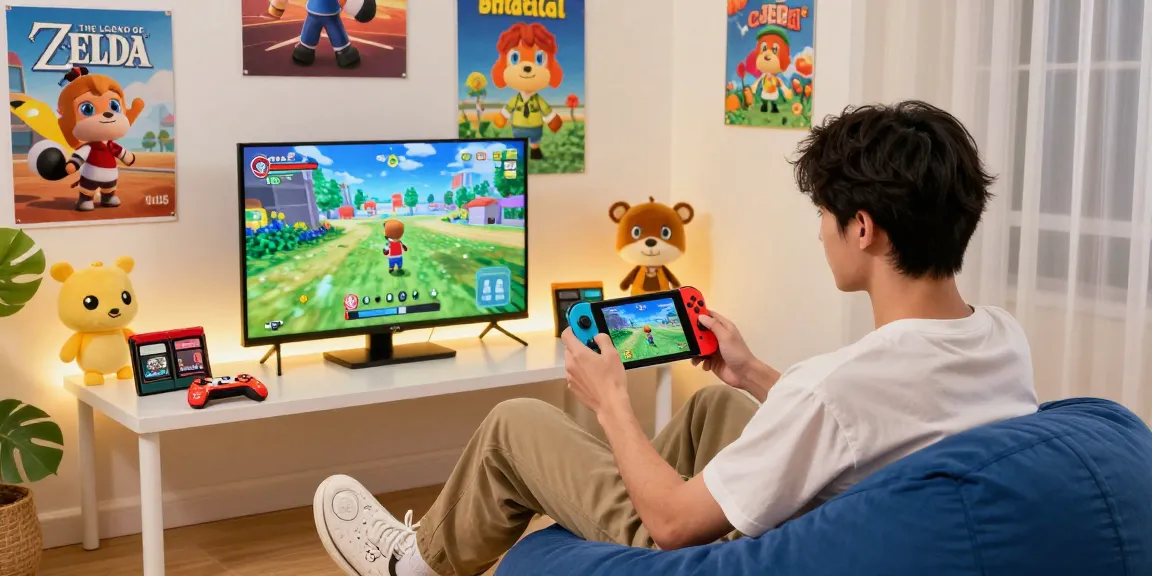 Engaging scene of a gamer playing Nintendo Switch ROMs with colorful accessories and vibrant game atmosphere.