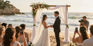 Cinematic wedding at Algarve beach during golden hour, capturing raw emotions and dr 70 moments.