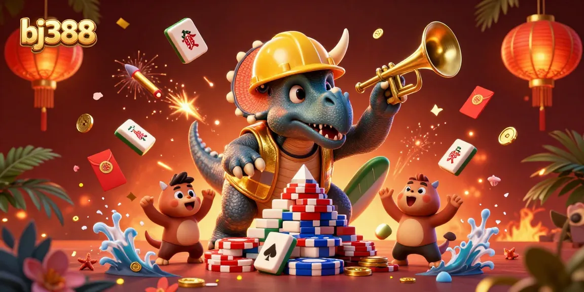 Experience the thrill of betting with bj388, as a triceratops builds a poker chip pyramid amidst celebratory elements.