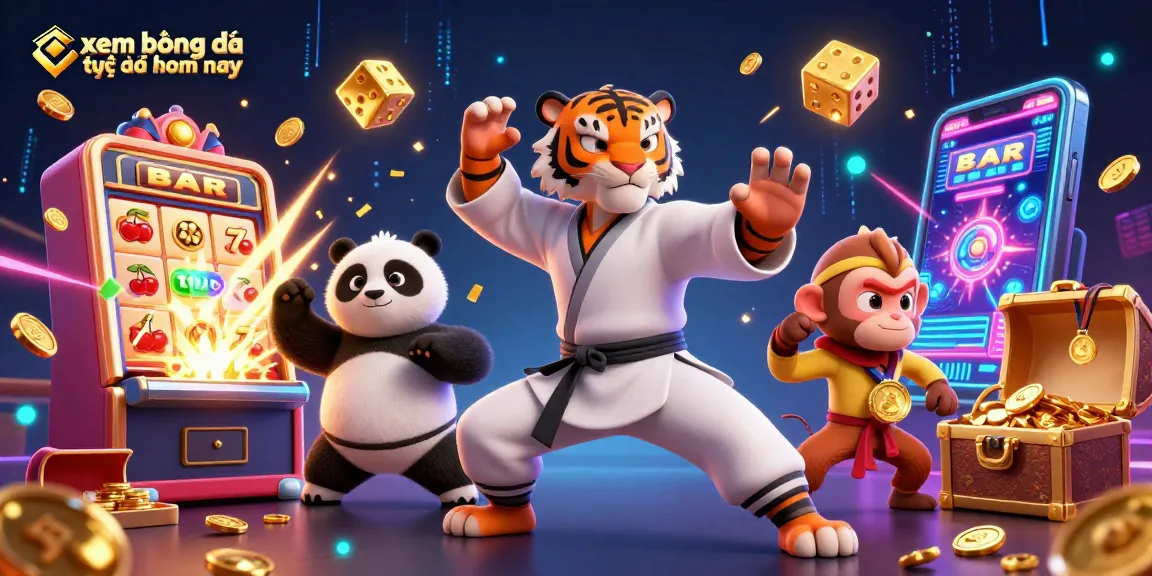 Experience xem bóng đá trực tiếp hôm nay with a dynamic scene featuring a kung fu tiger, panda, and monkey amidst casino elements.