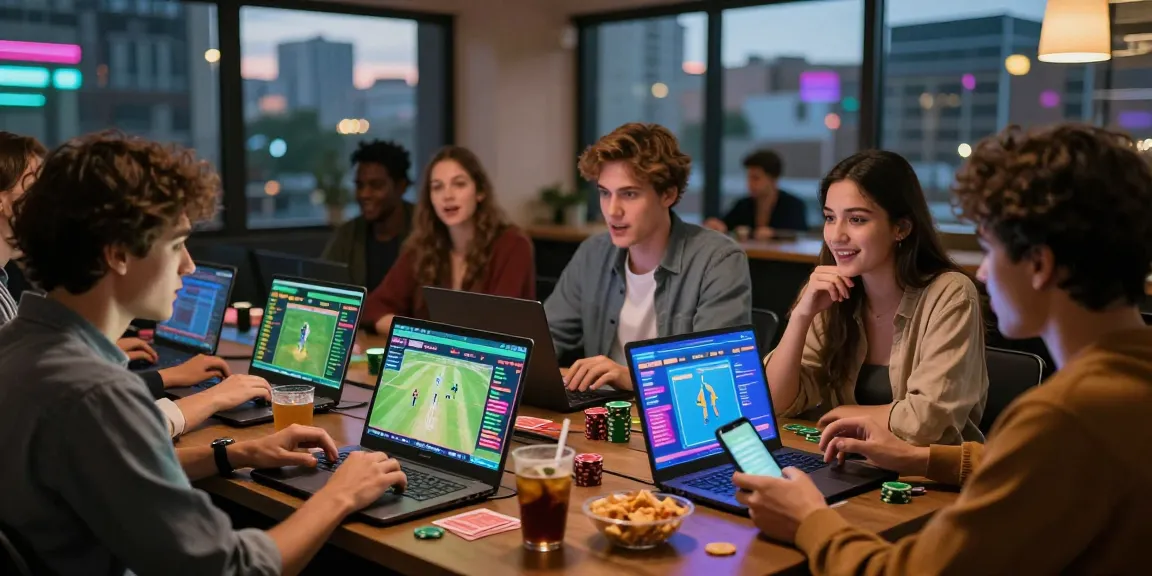 Dynamic online betting scene at maahadevboook.com with young adults engaged in live cricket and football betting.