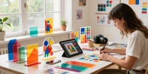 Customized acrylic standees arranged in a creative workspace, showcasing vibrant colors and designs.