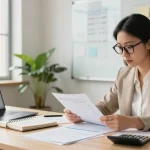 contabilitate asociații și fundații nonprofit, contabil examinând documentele financiare într-un birou modern