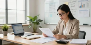 contabilitate asociații și fundații nonprofit, contabil examinând documentele financiare într-un birou modern