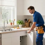 Expert plumbers in singapore installing a kitchen sink cabinet with tools and natural light