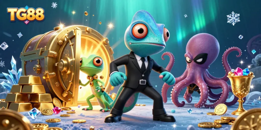 Experience the thrill of TG88 casino games with colorful characters in a rich treasure scene.