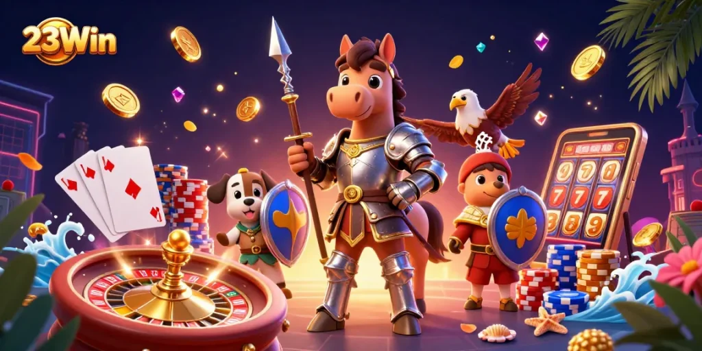 Immerse in the thrill of 23Win as knights, puppies, and falcons collide in a dynamic casino scene.