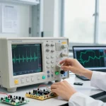 Engineer using Digital Oscilloscope for precision testing in a tech lab.