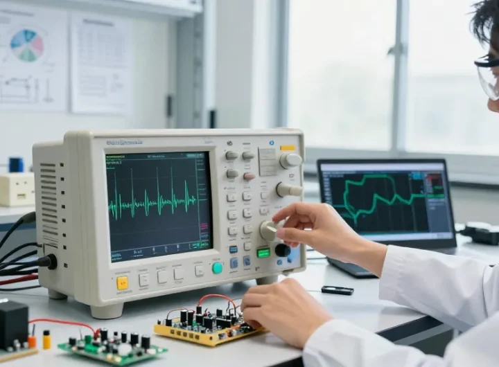 Engineer using Digital Oscilloscope for precision testing in a tech lab.