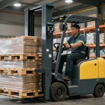 Best stacker in action, expertly lifting heavy pallets in a modern warehouse environment.