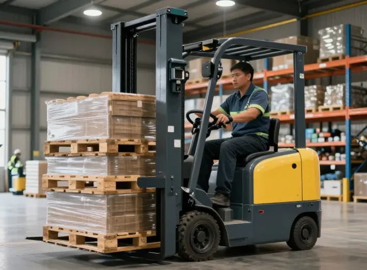 Best stacker in action, expertly lifting heavy pallets in a modern warehouse environment.